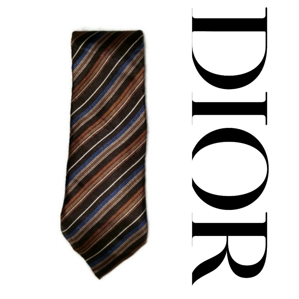 Christian Dior Men's silk tie. Neutral colors of shades of brown and blue.